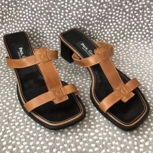 Paul Green Tan T-Strap Block Heel Slide Sandals